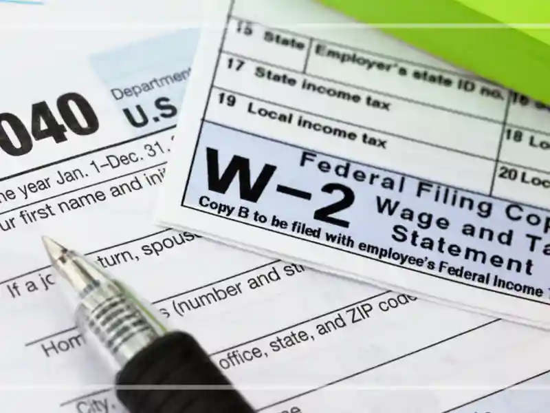 A collection of federal tax forms and W-2 forms arranged on a flat surface for tax preparation.