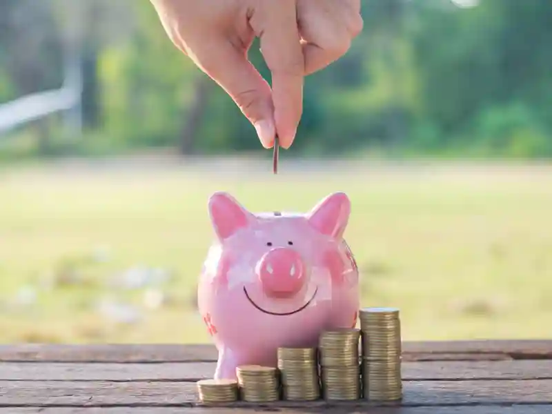 Hand putting money in a piggy bank.